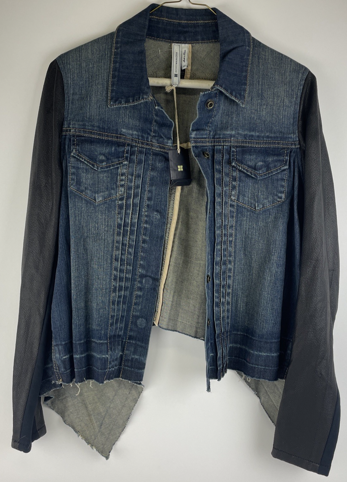 BCBGMAXAZRIA Women's Boe Denim Moto Jacket Faux Leather Dark Wash Size XXS NWT