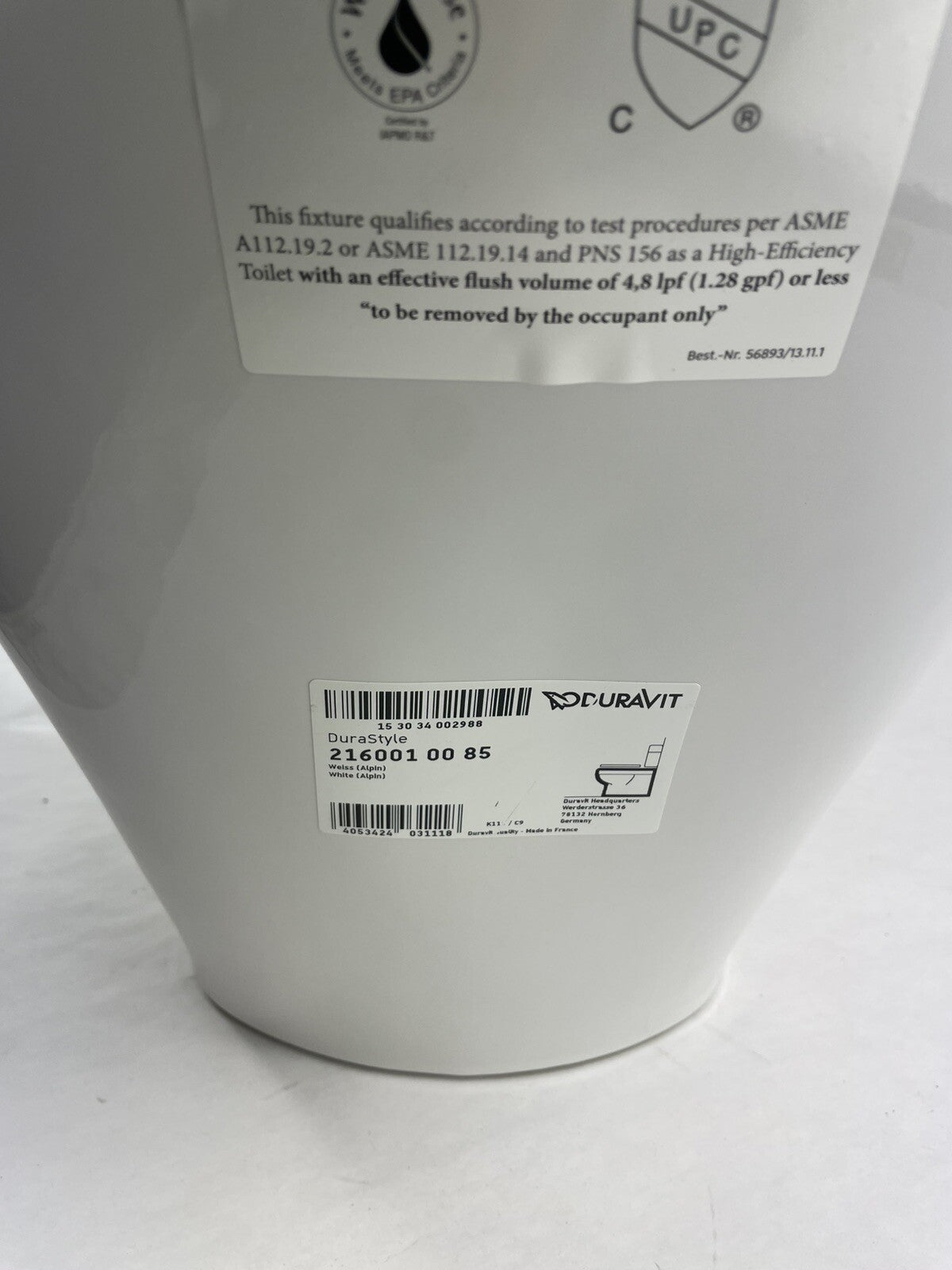 Duravit 216001 00 85 White Durastyle Elongated Toilet Bowl Only