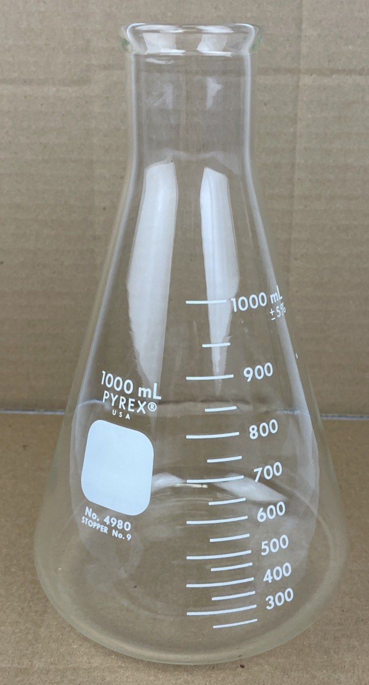 PYREX 1000mL Erlenmeyer Flask No. 4980 Stoper # 9 USA Laboratory Glass