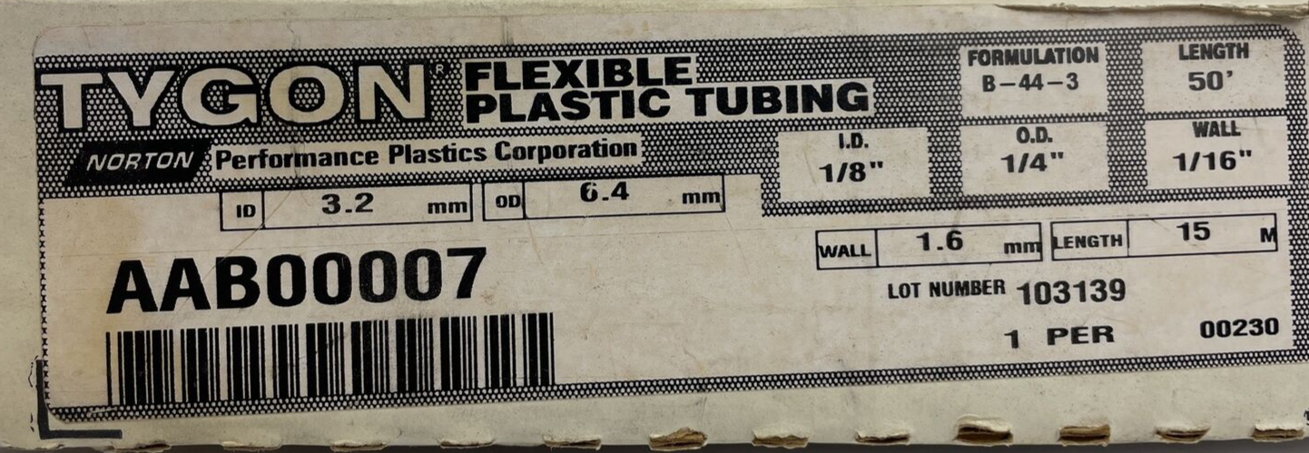 TYGON S3 AAB00007 B-44-3 1/8-in ID Clear Flexible Food Grade Tubing 50-FT NOS