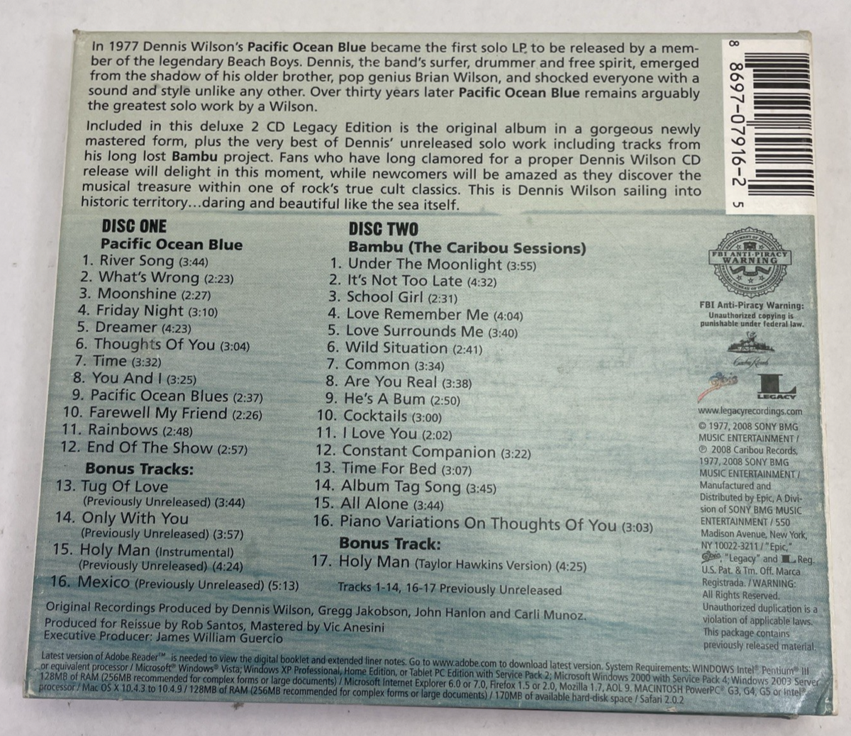 Dennis Wilson: Pacific Ocean Blue (CD, 1977, 2008) 2-Disc Digipak Set Beach Boys