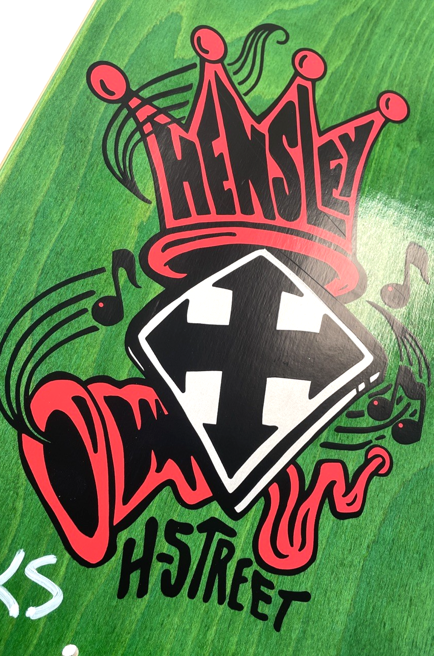 Matt Hensley H-STREET Musical Jester Skateboard Deck Green Stain Signed 32" x 9"
