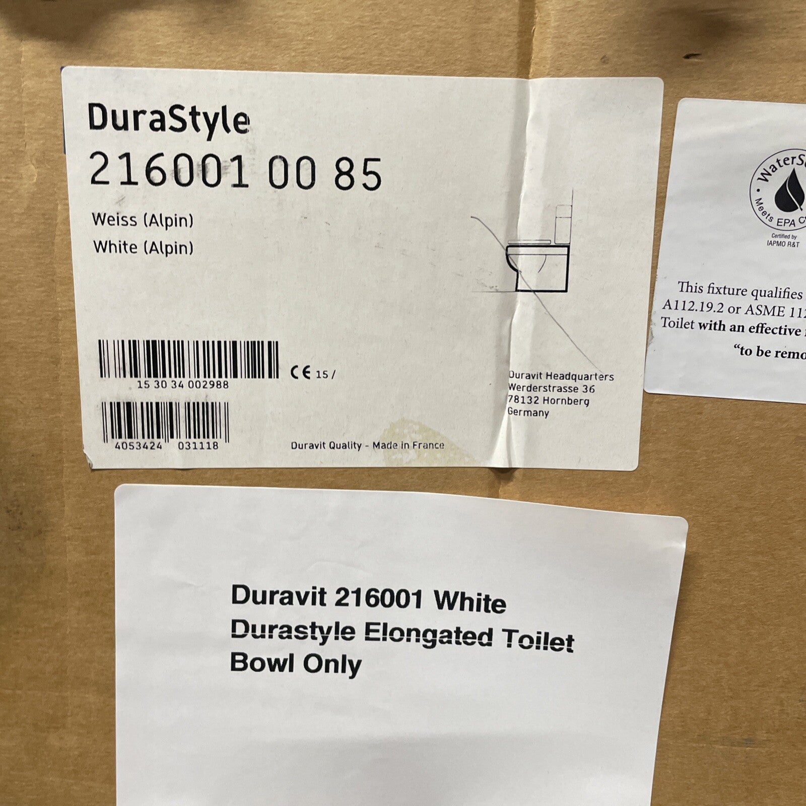 Duravit 216001 00 85 White Durastyle Elongated Toilet Bowl Only