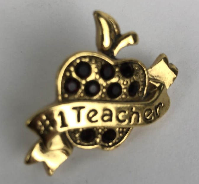 Vintage Avon Gold Tone Red Rhinestone Apple #1 Teacher Ribbon Brooch Lapel Pin 