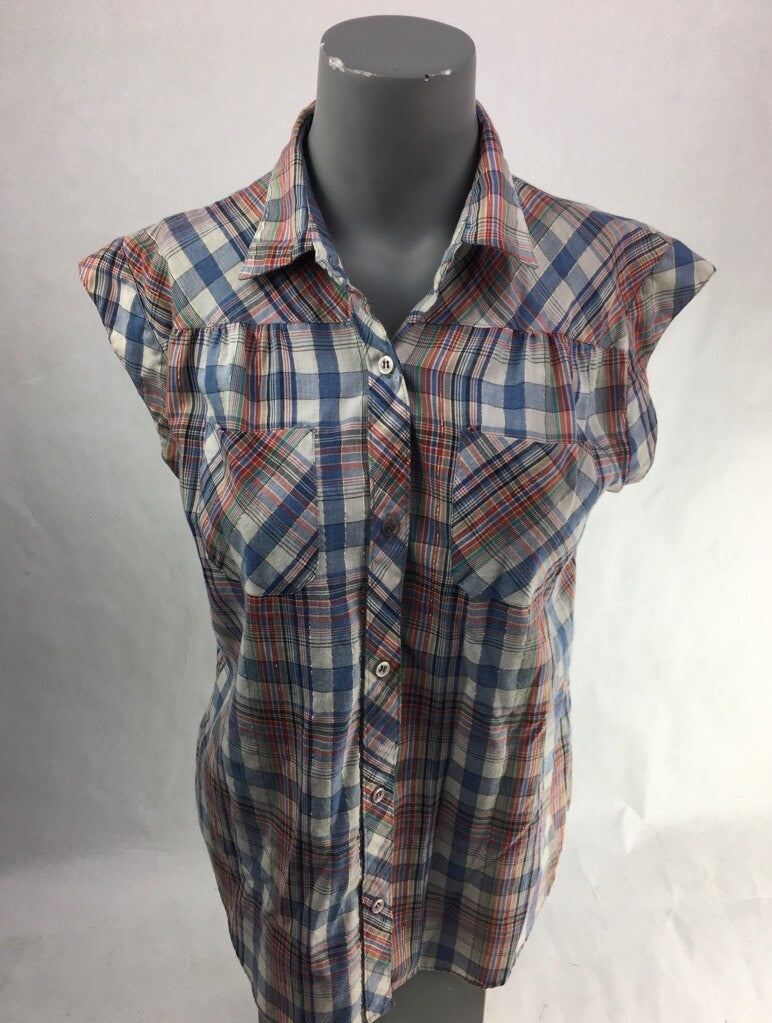 Ricki Miss Erika Womens Button Up Shirt Blue Red Plaid Cap Sleeves Pockets Top S