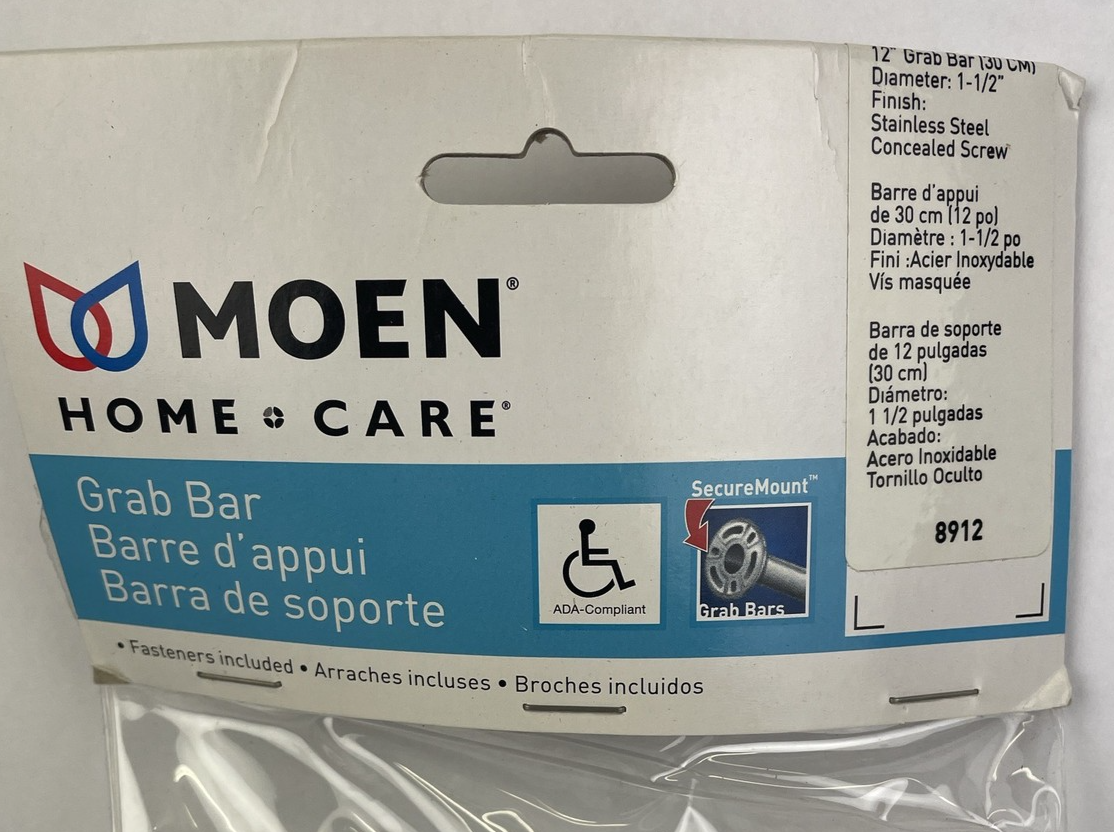 Moen 8912 Stainless Steel 12" x 1-1/2" Grab Bar ADA Compliant Home Safety Care