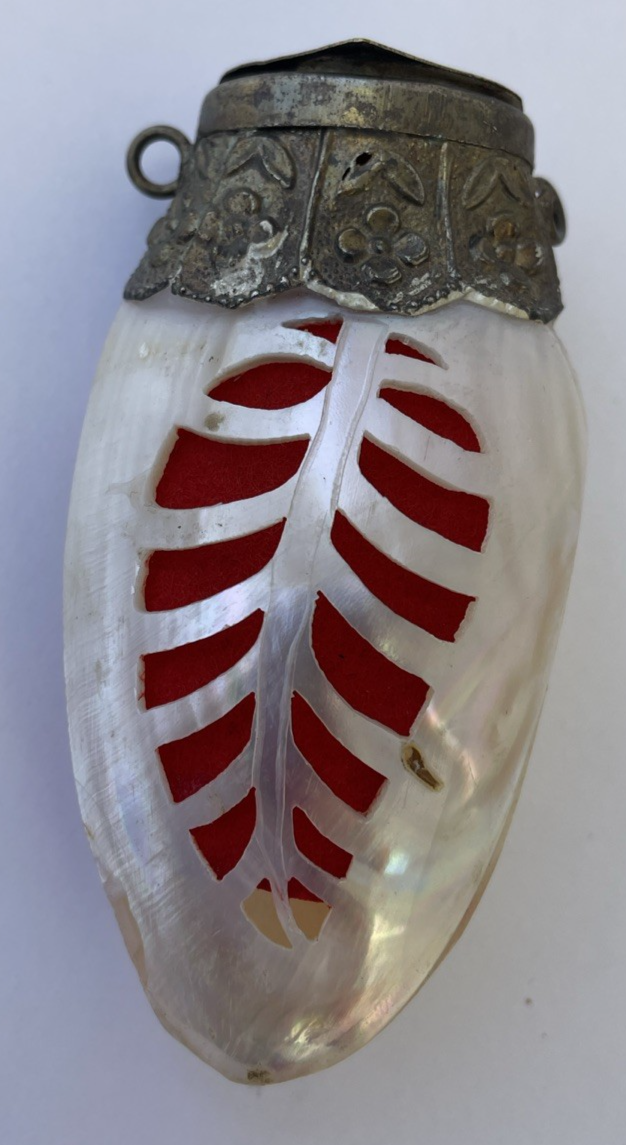 Vintage Mother of Pearl Shell Hinged Scent Bottle, Snuff Box Carved Front w Red