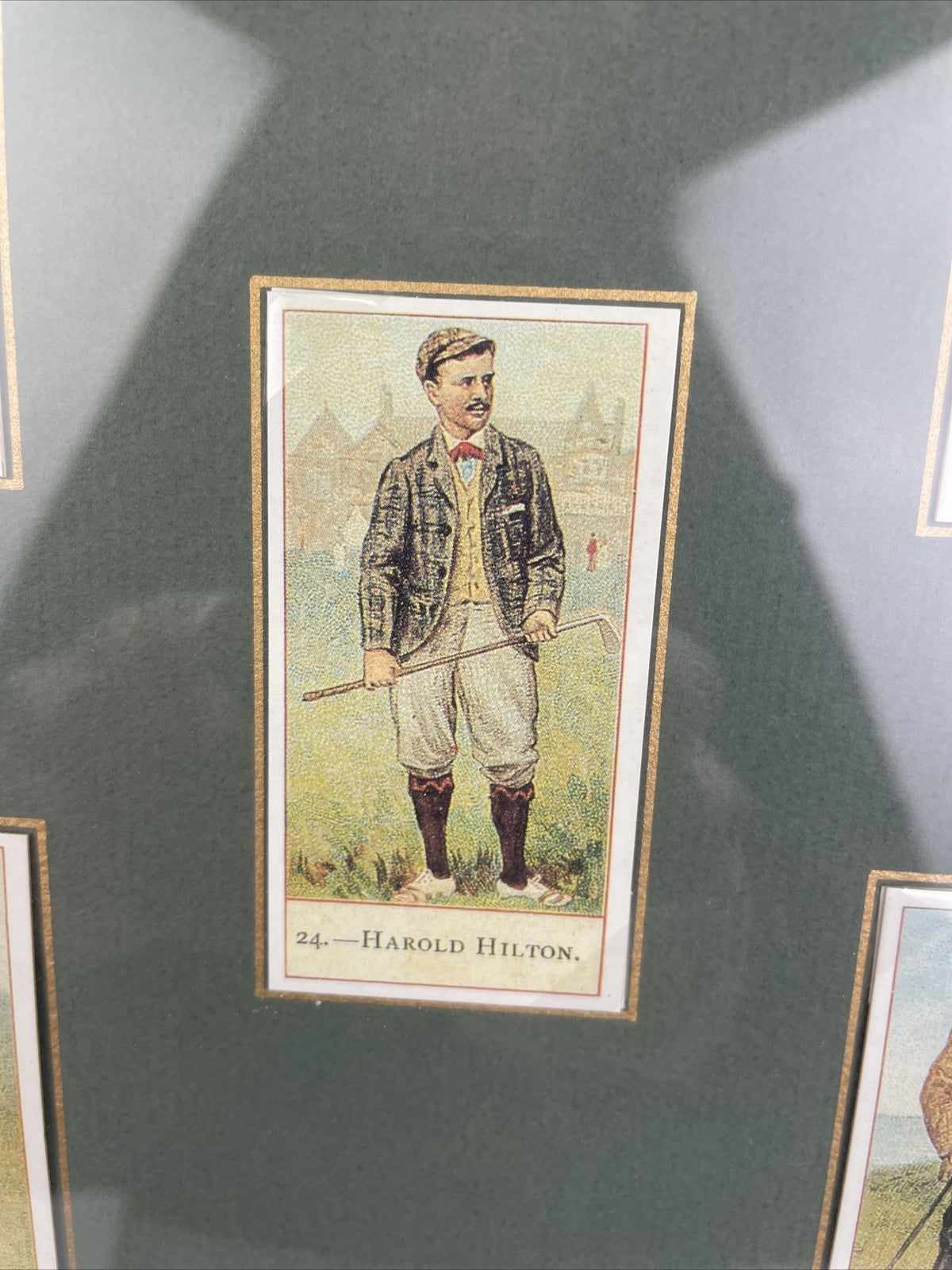 Framed and matted collection of 18 vintage style cigar tobacco golf trading cards with historical information display artwork collectible memorabilia