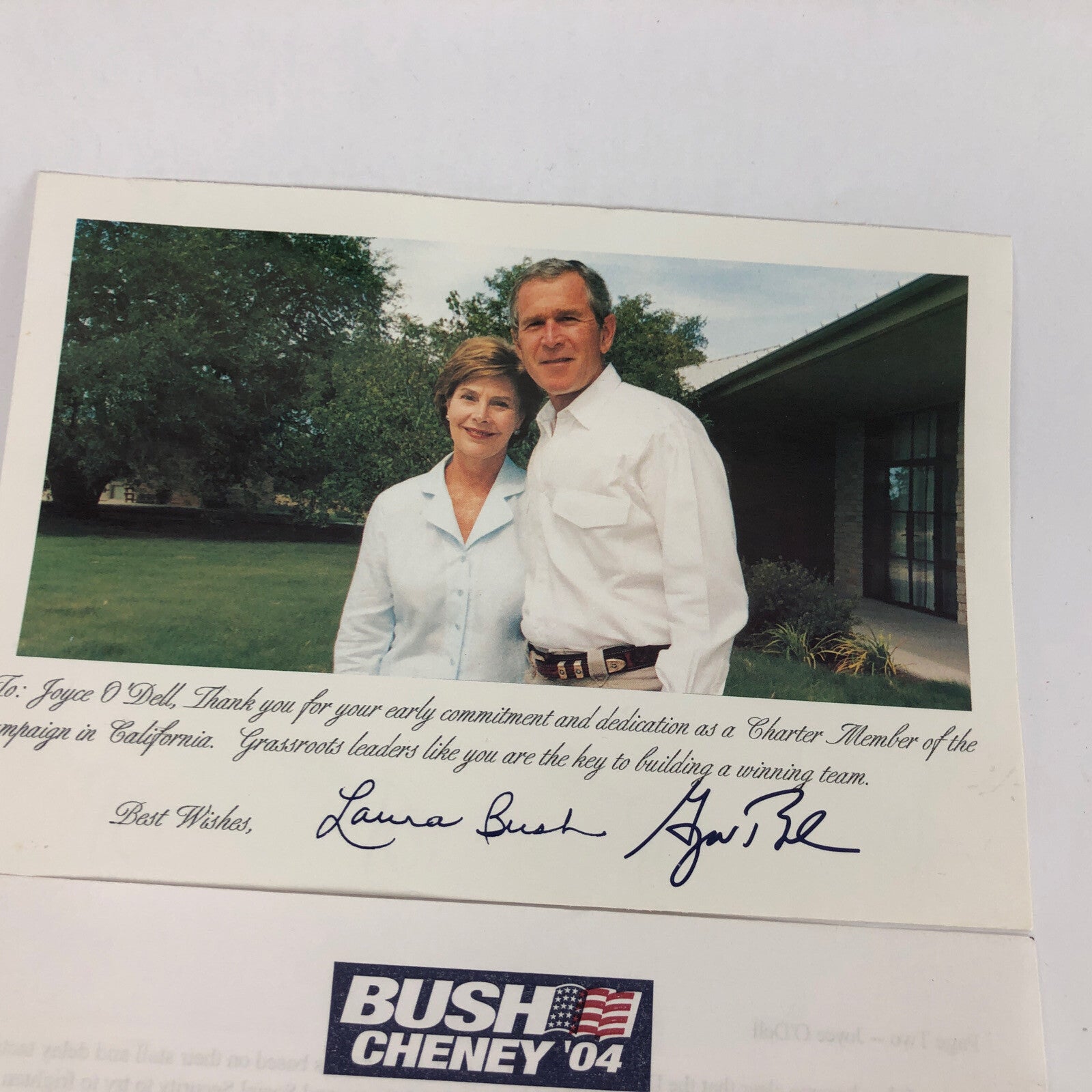 LAURA GEORGE W BUSH Signed Auto Charter Member Campaign 2003/4 W Receipt +