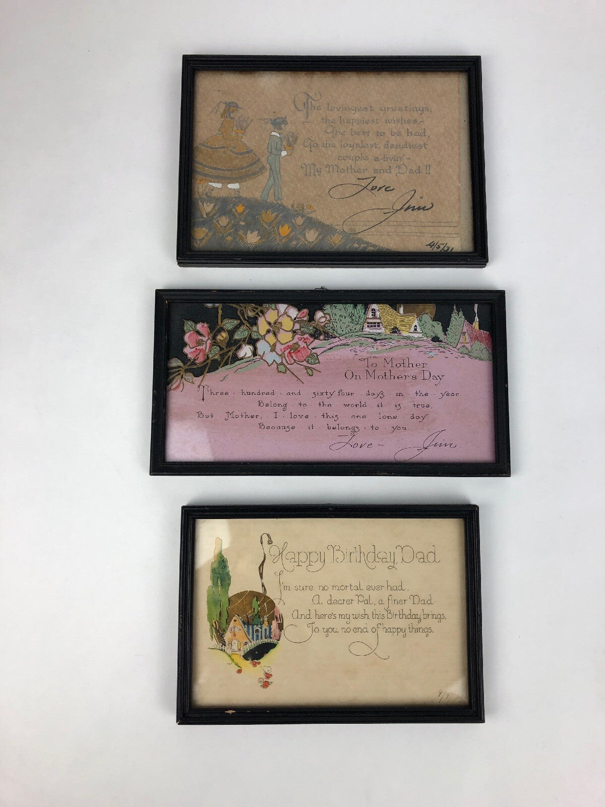 3 Vintage 1930’s American Folk Art Greeting Card Picture Framed RARE Anniversary