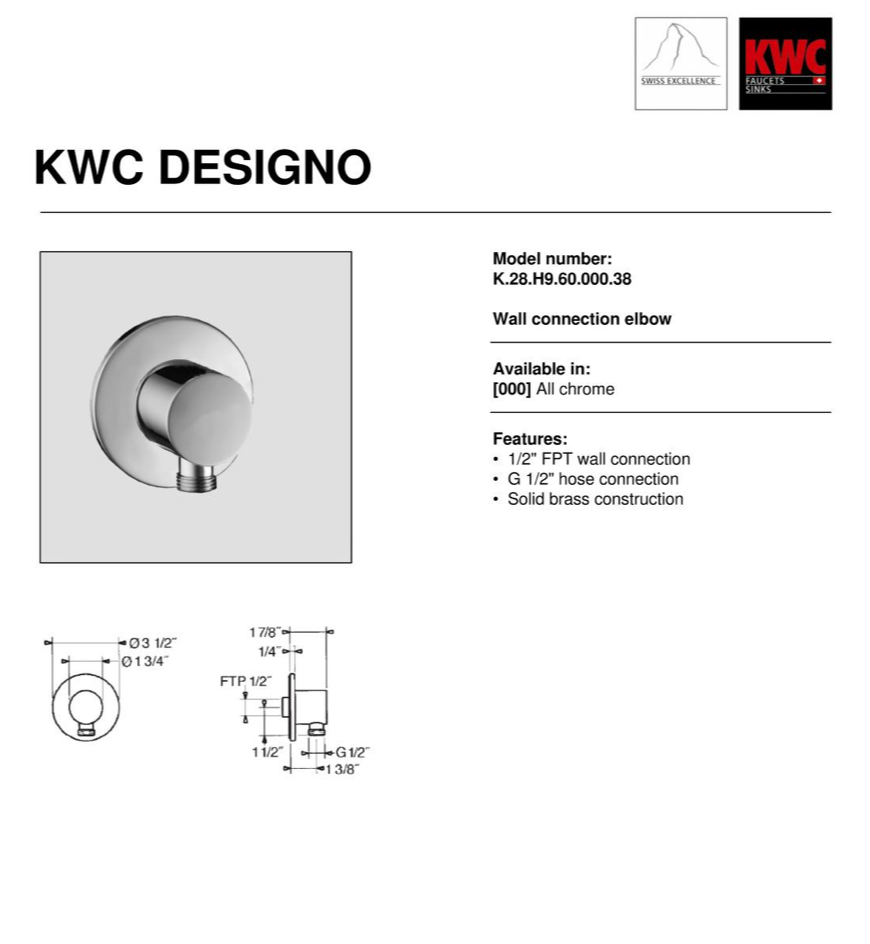 KWC Design Designo Wall Outlet Connection Elbow 1/2"  Model K.28.H9.60 Chrome
