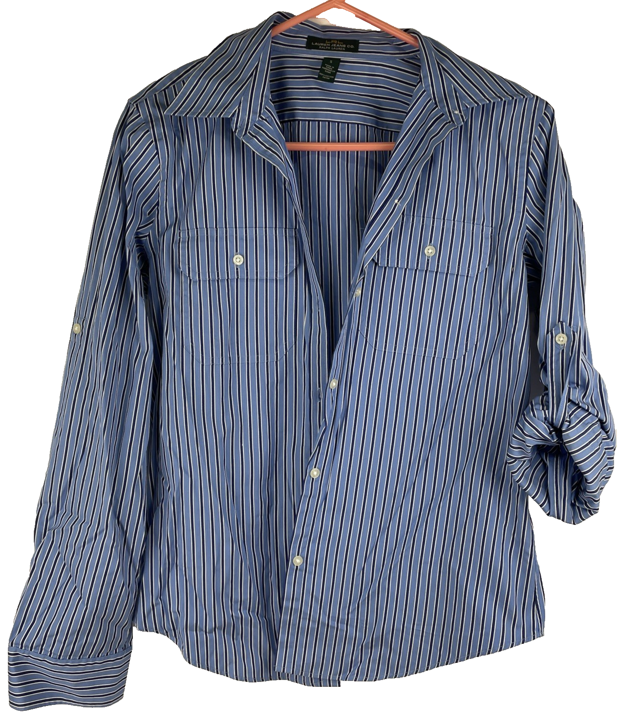 LRL Lauren Jeans Co. Blue w Blue Stripe Button Up Shirt Roll Tab Sleeve Sz Small