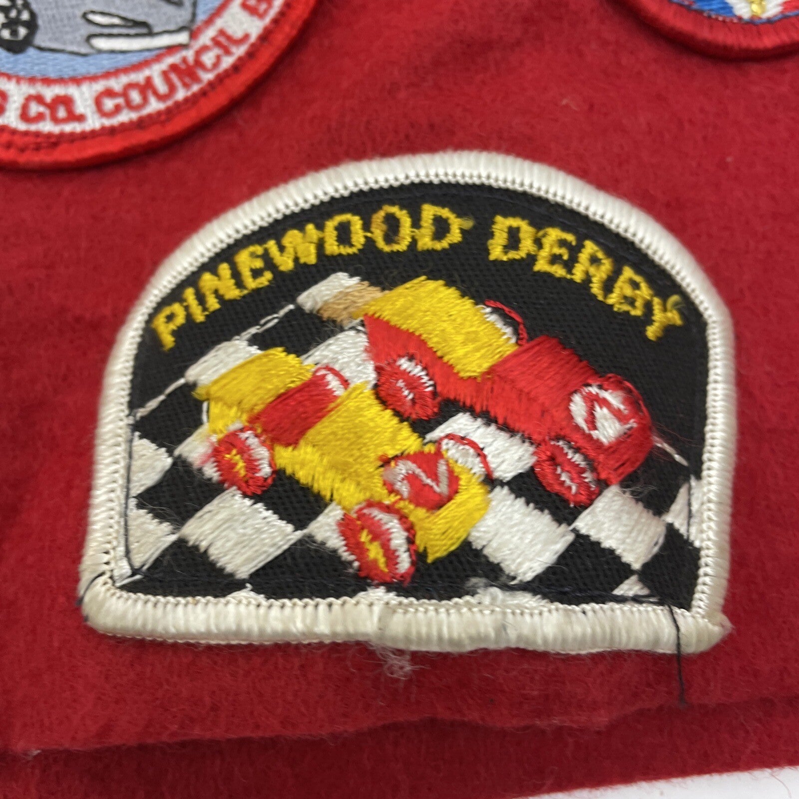 Vintage 1980's Red Felt Boy Scout Vest With 7 Patches 89 Olympics Pinewood Derby