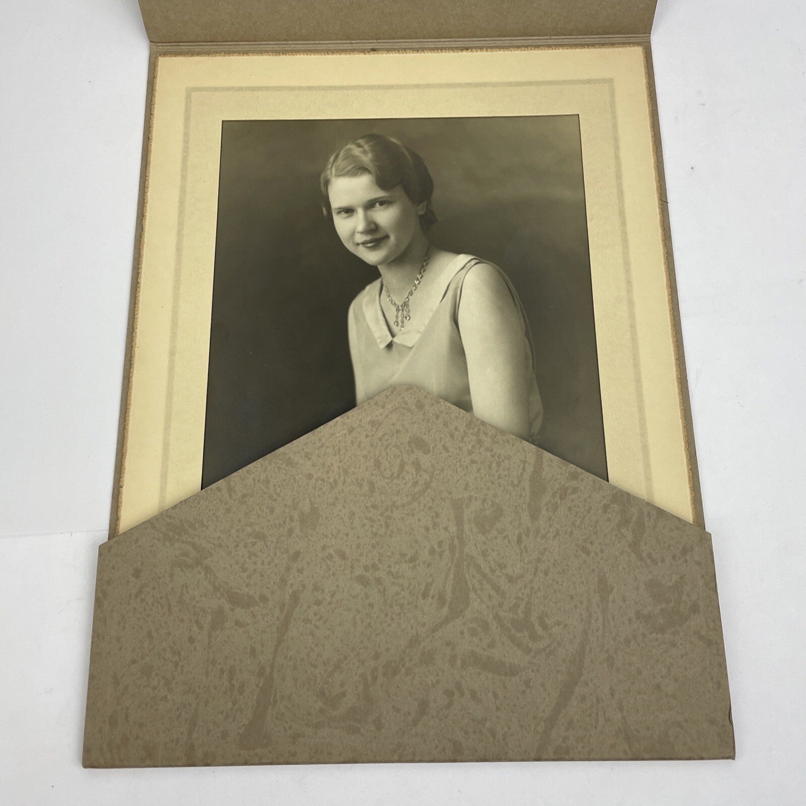 Antique Photo Pretty Young Girl Posing  1920s Period Clothing in Frame Card 7x9