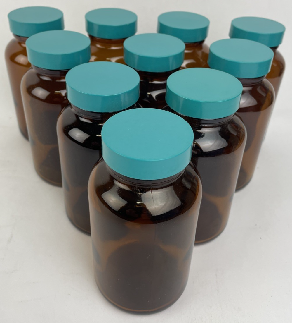 10 x Wide Mouth Round Precleaned / QC Bottle Sampling, Glass 250 mL Amber, w Lid