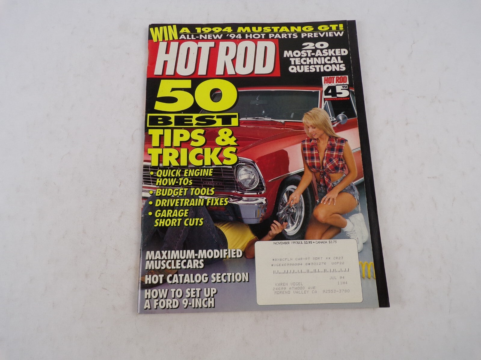 November 1993 Hot Rodding Magazine Win A 1994 Mustang GT! All-New '94 Hot Parts