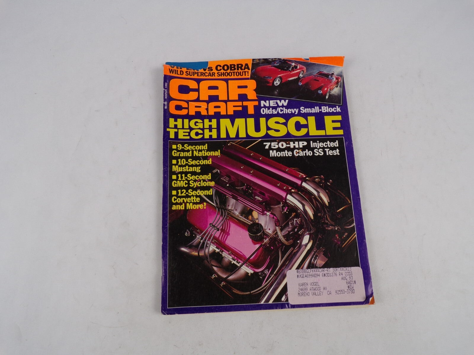 March 1992 Car Craft High Muscle Tech New Olds/Chevy Small-Block Cobra Wild Supe