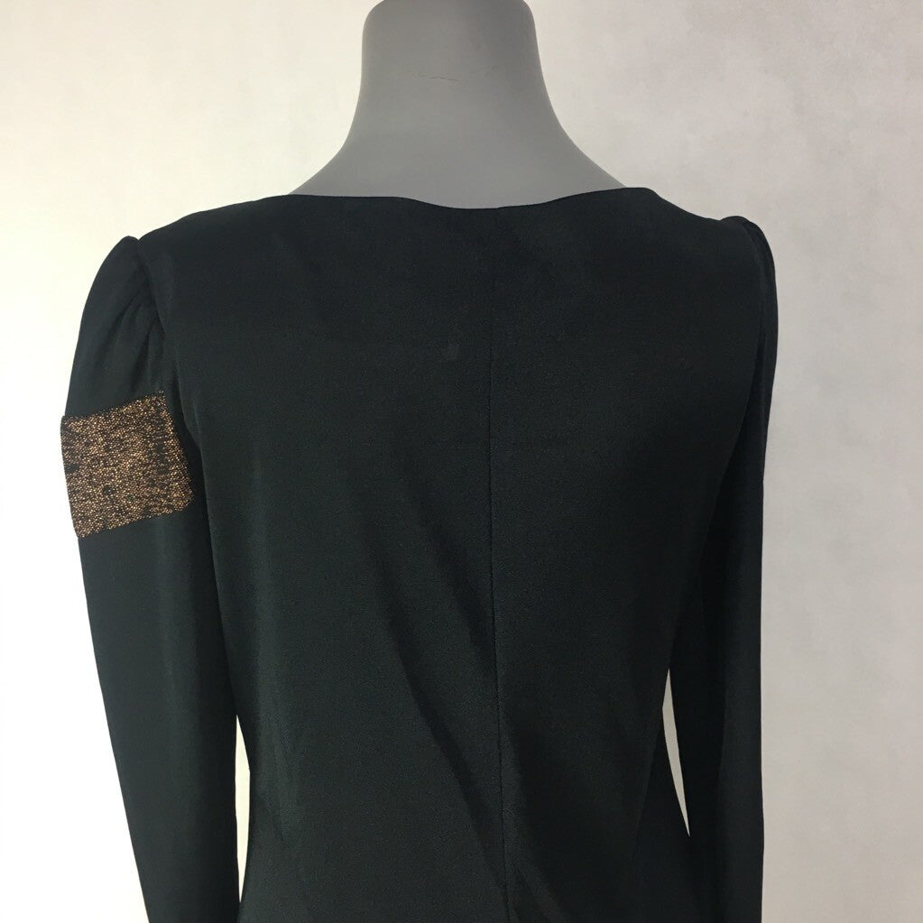 Visionz Womens Shift Dress Black Gold Stripe Midi Long Sleeve Vintage 1980's 5/6