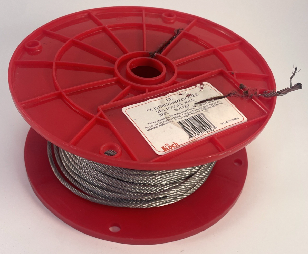 Koch Industries Galvanized Wire Rope Cable 1/8" 7x19 Approx 243 ft reel 400# Lmt