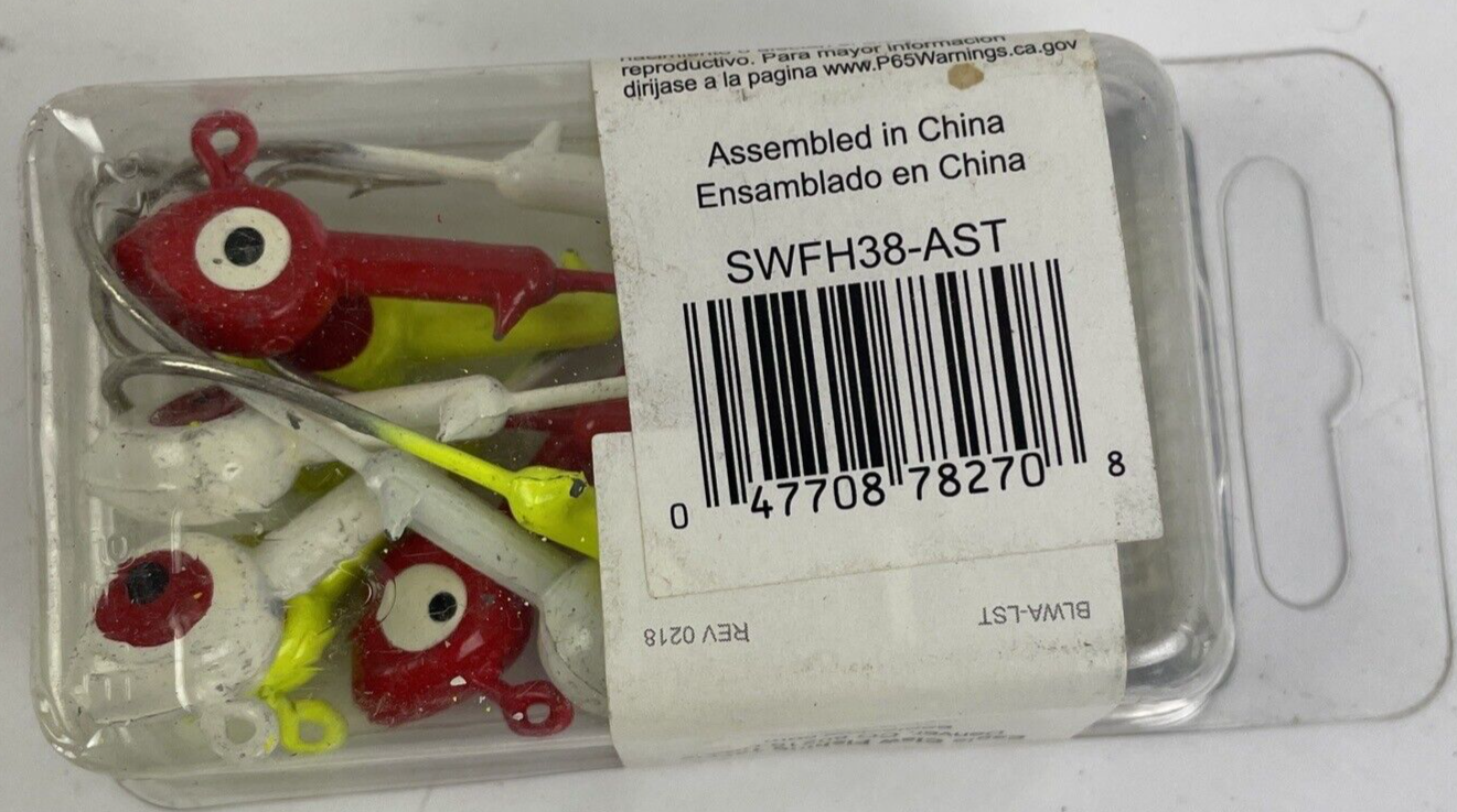 Eagle Claw 3/8 oz fish head jigs with Lazer Sharp hooks in green, red, and white 10 pack.