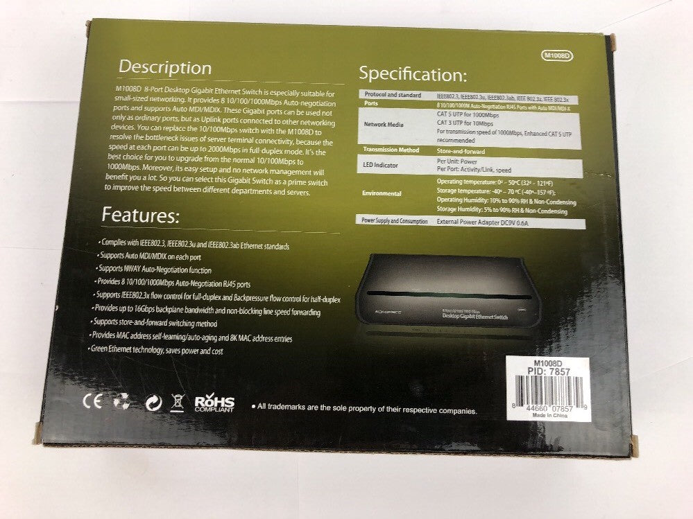 Desktop Gigabit Ethernet Switch Monoprice M1008D 8 Port 10/100/1000 Mbps 