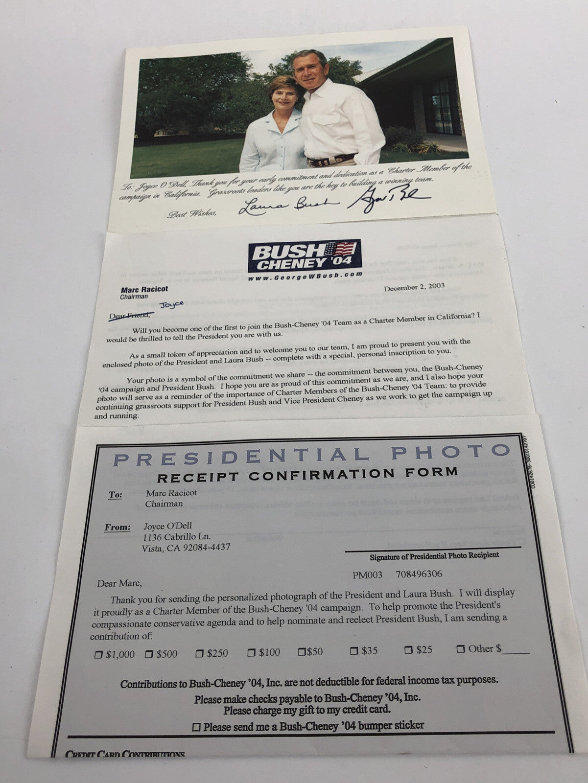 LAURA GEORGE W BUSH Signed Auto Charter Member Campaign 2003/4 W Receipt +