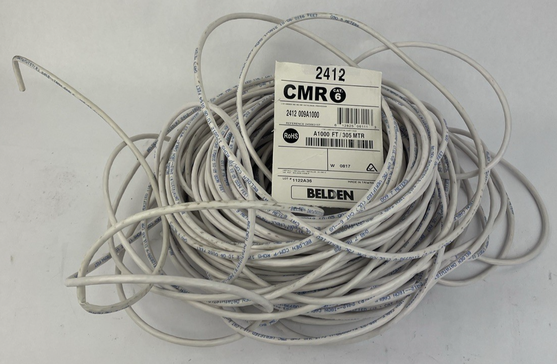 Belden 2412 009A1000 CAT6+ Network Cable 4-Pair U/UTP CMR, 23AWG, 180 ft, White