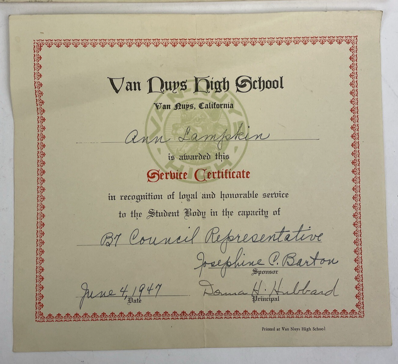 1949 VAN NUYS Junior High School Perfect Attendance Award + HS Service Cert.