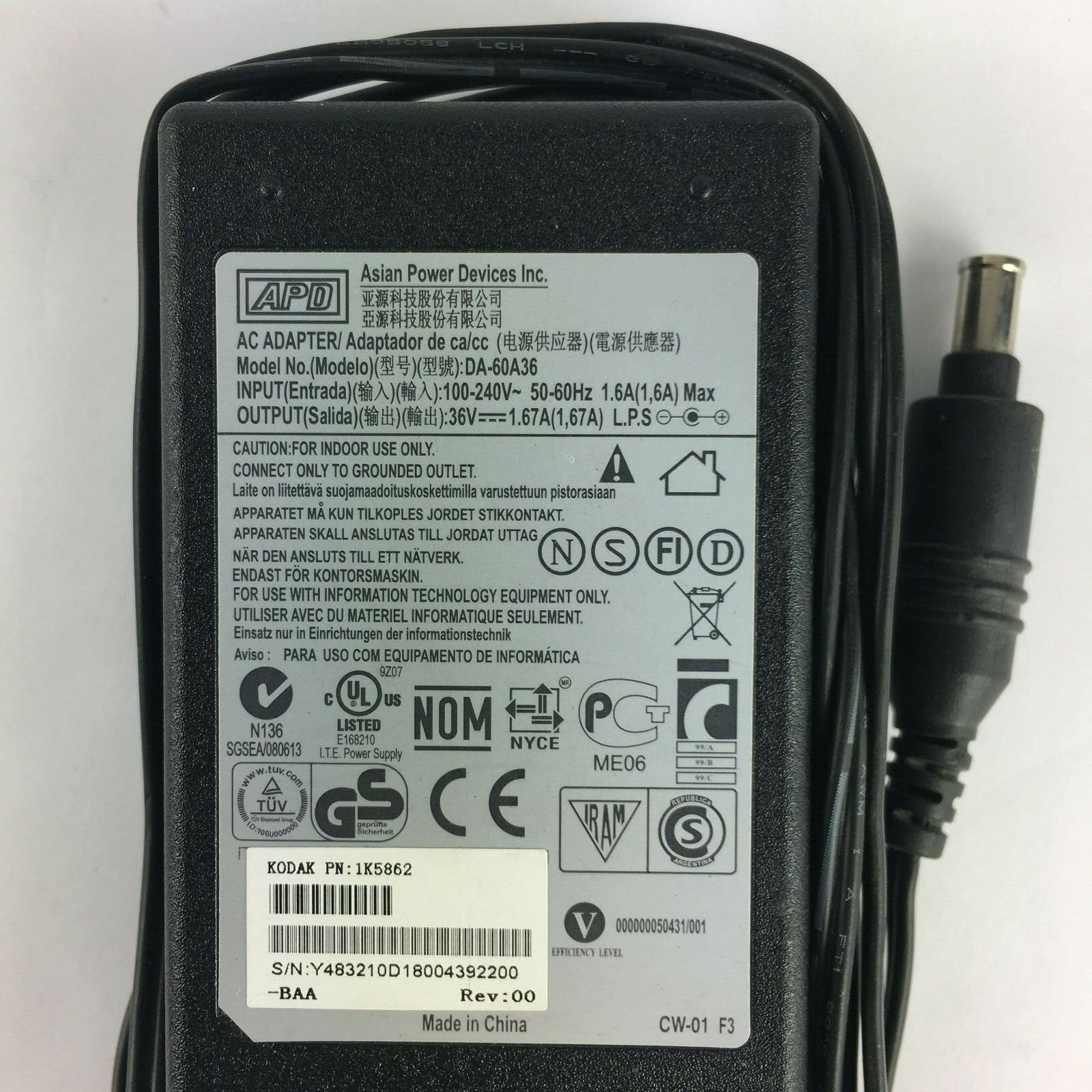 Genuine Kodak DA-60A36 1K5862 Output 36V 1.67A Power Supply Adapter A1