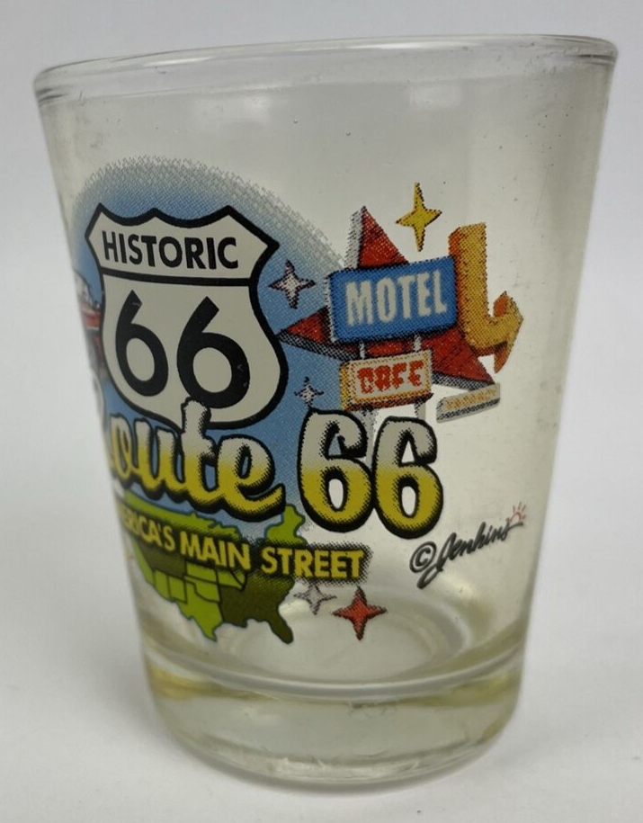 VINTAGE ROUTE 66 U.S.A. AMERICA'S MAIN STREET~ SHOT GLASS ~ CLEAR GLASS - LOOK