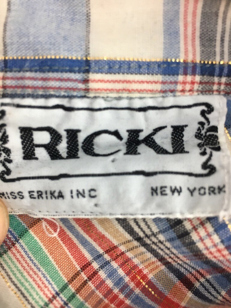 Ricki Miss Erika Womens Button Up Shirt Blue Red Plaid Cap Sleeves Pockets Top S