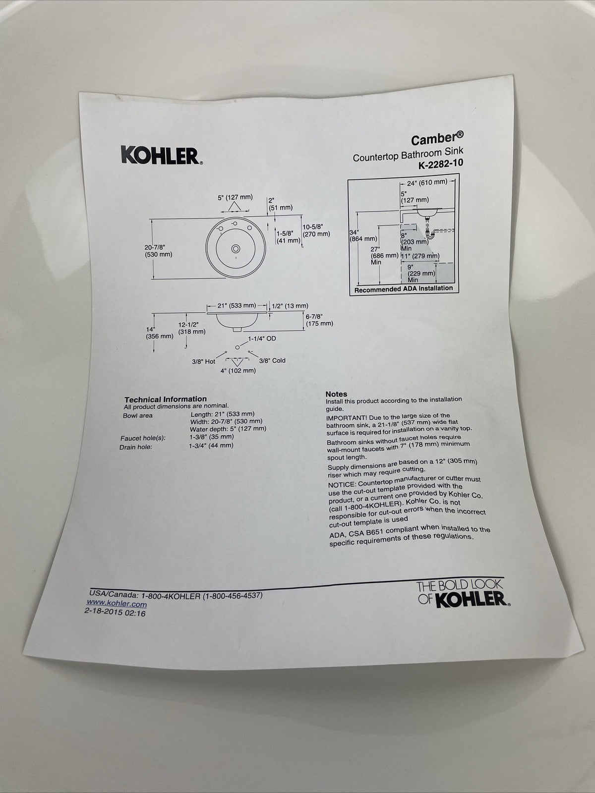 Kohler Camber K-2282-10-0 round drop-in bathroom sink