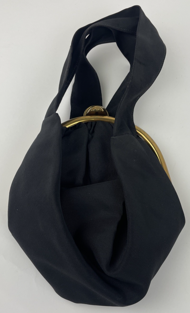 Ingber Evening Black Crepe Handbag Clutch Clamshell Gold RS Clasp USA VINTAGE