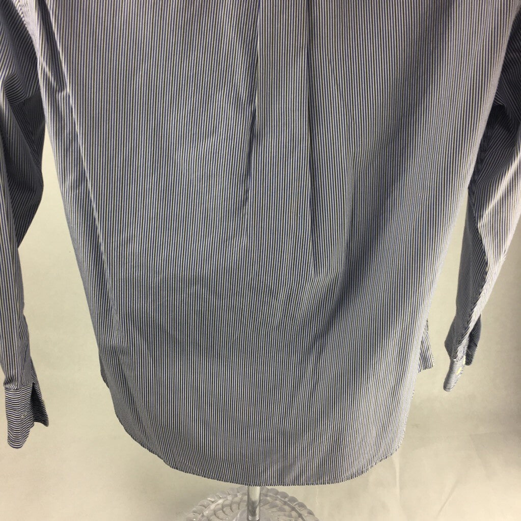 Faconnable Mens Button Front Shirt White Blue Stripe Long Sleeve Pocket Cotton S