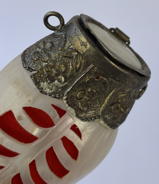 Vintage Mother of Pearl Shell Hinged Scent Bottle, Snuff Box Carved Front w Red