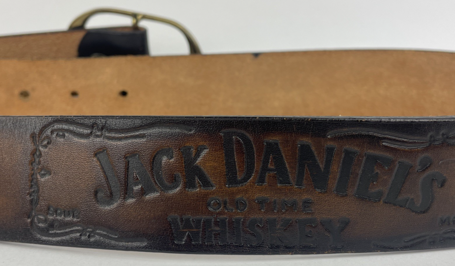 Vintage Jack Daniel’s Old Time Whiskey Brown Leather Embossed Belt w BUCKLE 34*