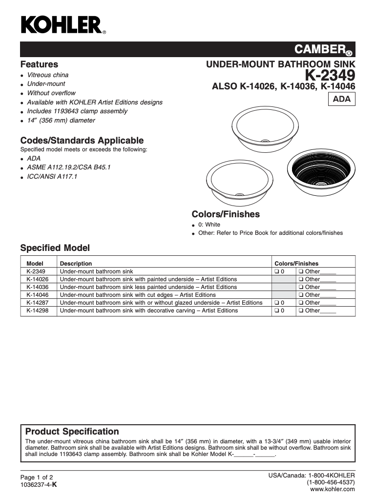 Kohler K-14287-H6-V7 Twirl design undermount lavatory sink Old English textured ceramic basin