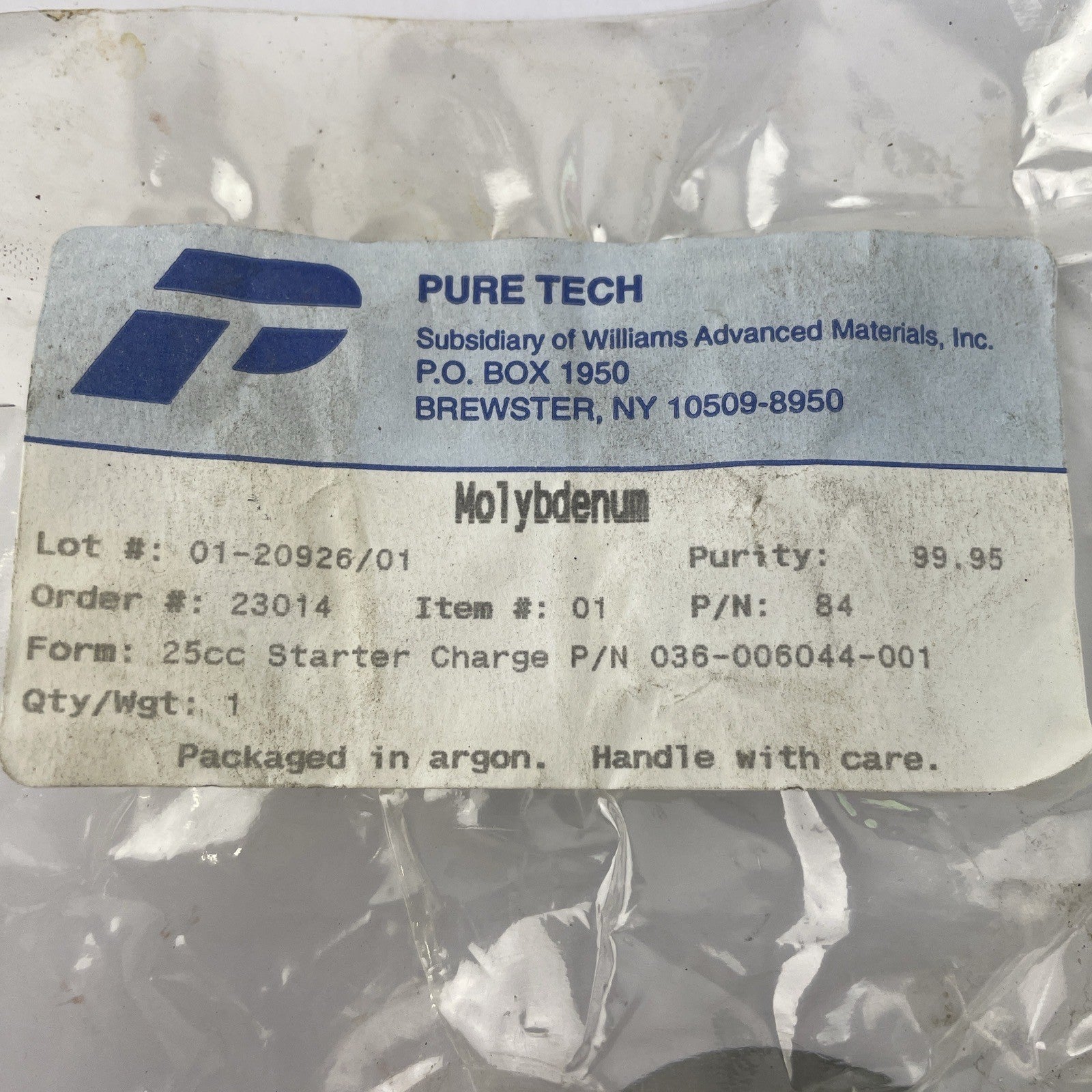 PURE Tech 99.95% Pure Molybdenum (Mo) Metal 25cc Starter Charge 036-006044-001