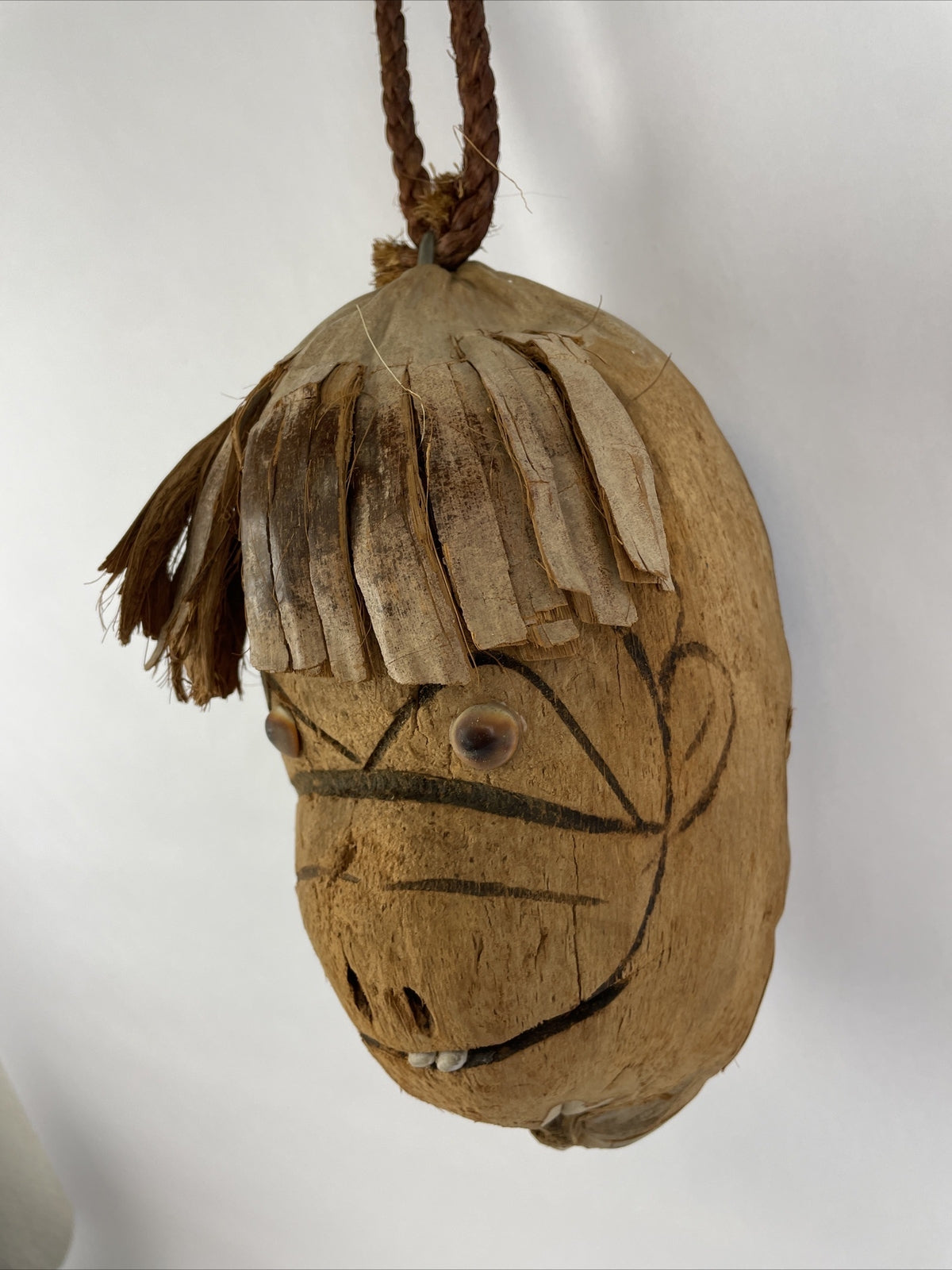 Coconut Carved Hand Made Tribal Native Head Decor Wall Hanging Shell Eyes Creepy