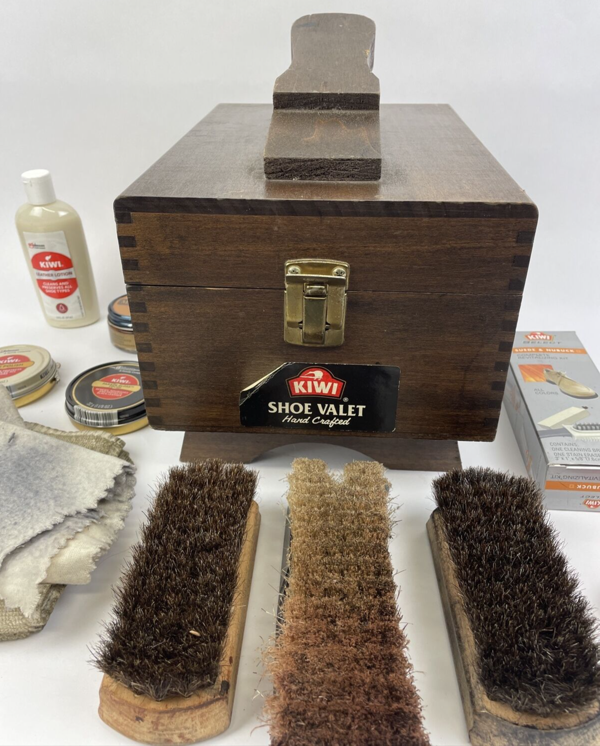 Vintage Kiwi Brand Hand Crafter Shoe Valet Wooden Box Kit w/ Supplies Bundle +++