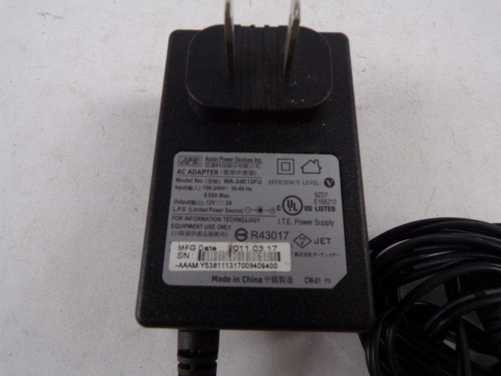 Geniune Asian Power Devices WA-24E12FU Output 12 V  2 A Power Supply Adapter A56