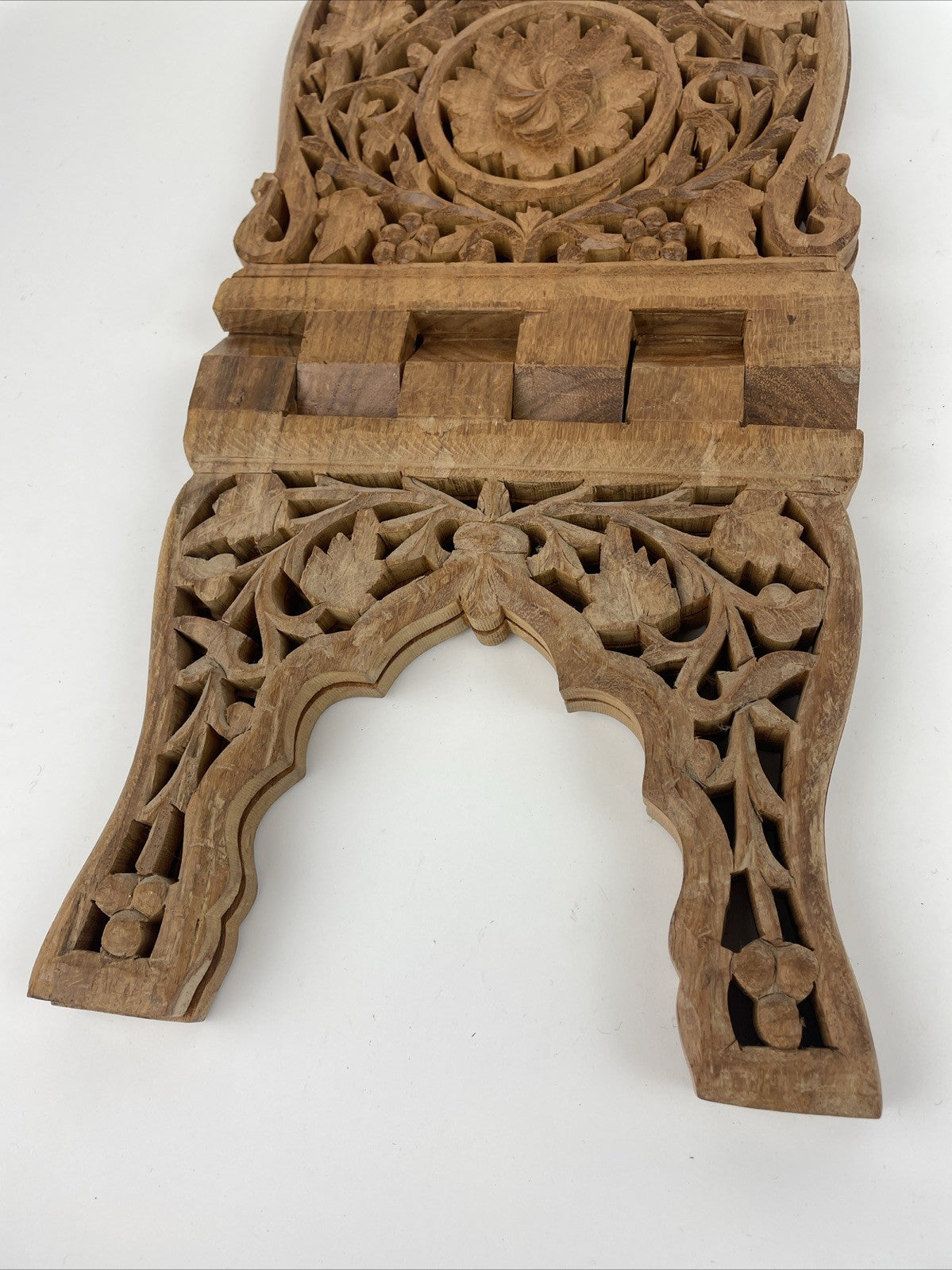 Vintage Hand Carved Wooden Open Book Holder Folding Display Bible, Cookbook Rack