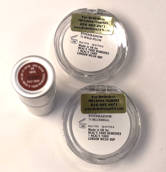 3 Neal's Yard Remedies 2 x Mineral Pressed Eyeshadow and 1 x PLUM Lipstick