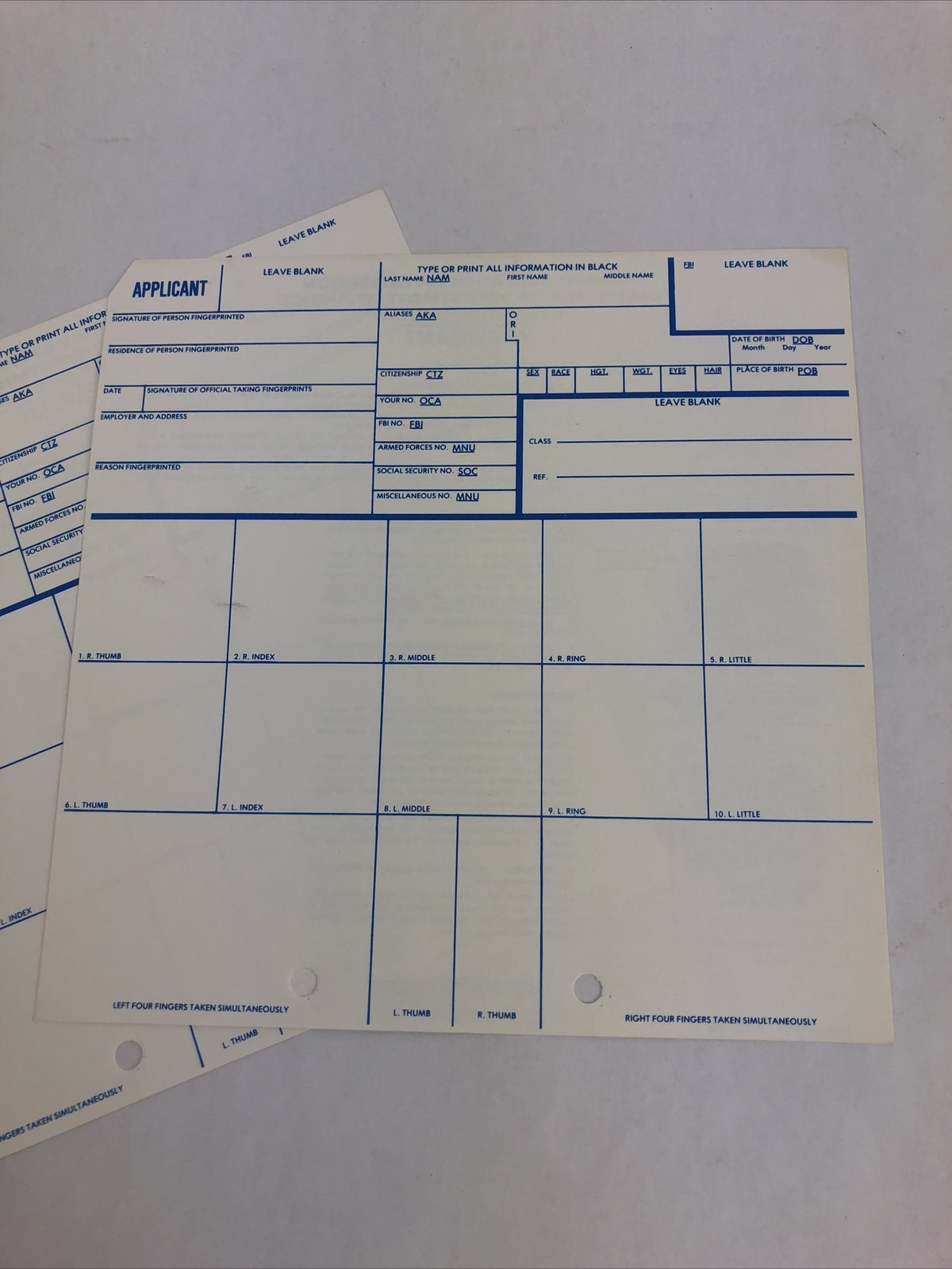FBI FD-258 Fingerprint Card set of two for federal job applicants - FREE SHIP