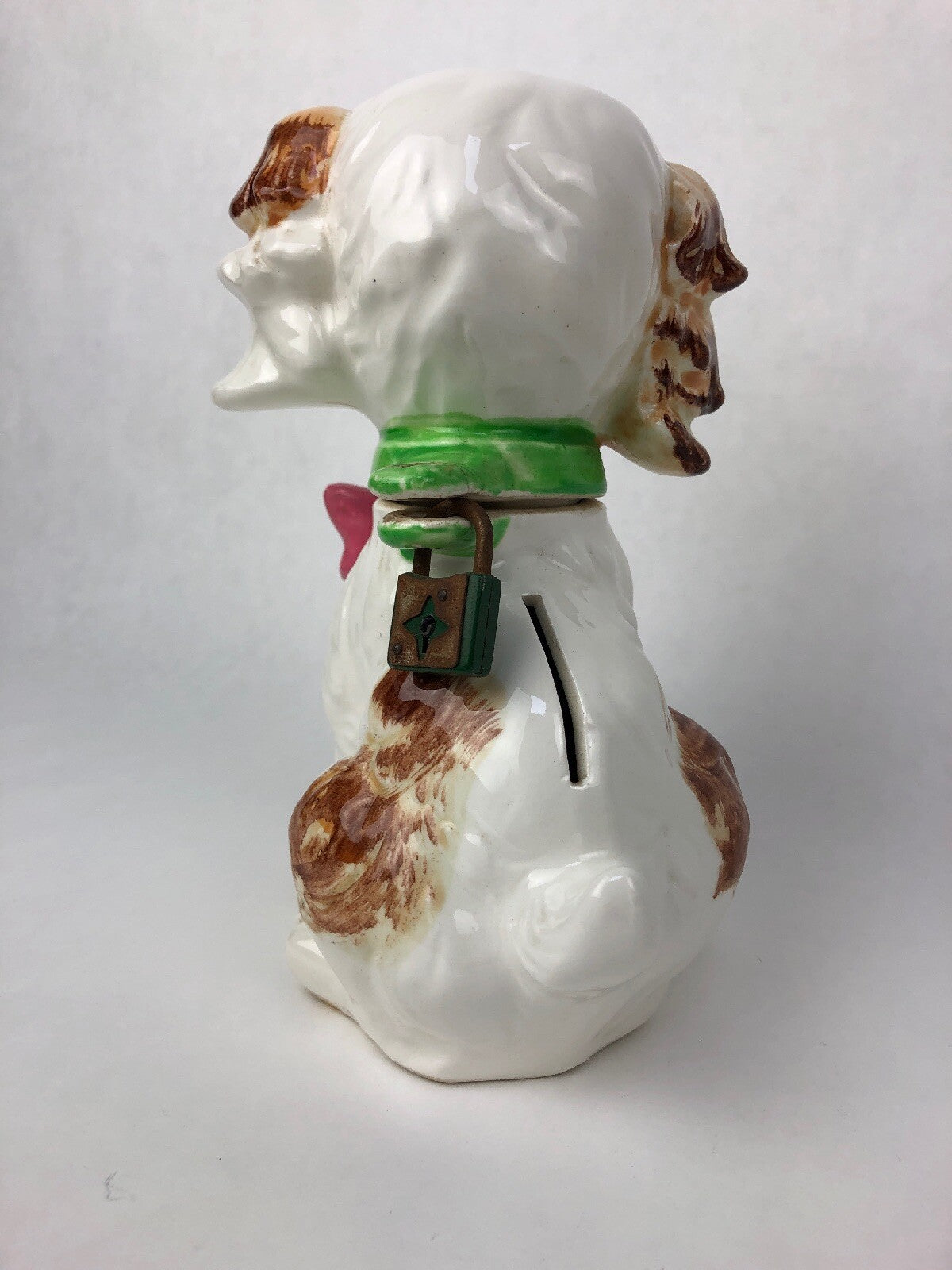 Vtg ESD Lefton Puppy Pal Locking Coin Bank anthropomorphic Japan dog lid rare 7”