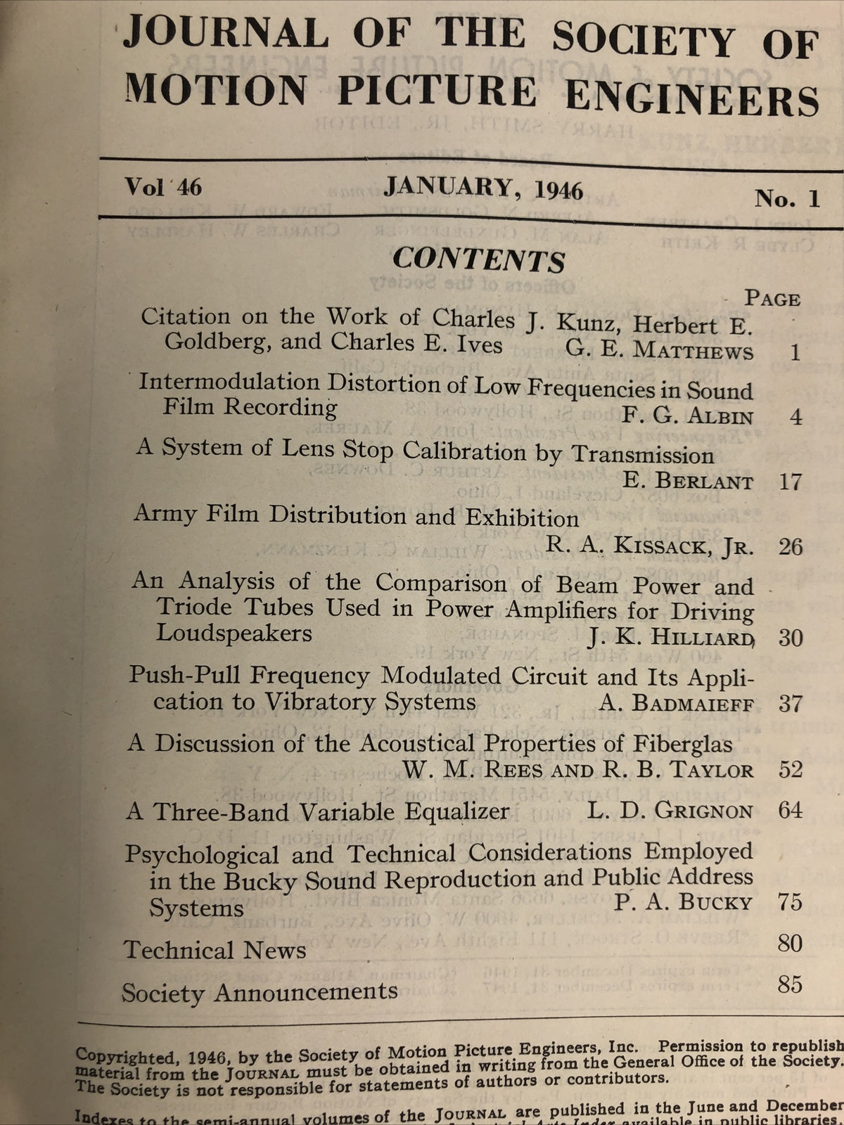 SMPE Journal Of The Society Of Motion Picture Engineers January 1946 VOL 46 No 1