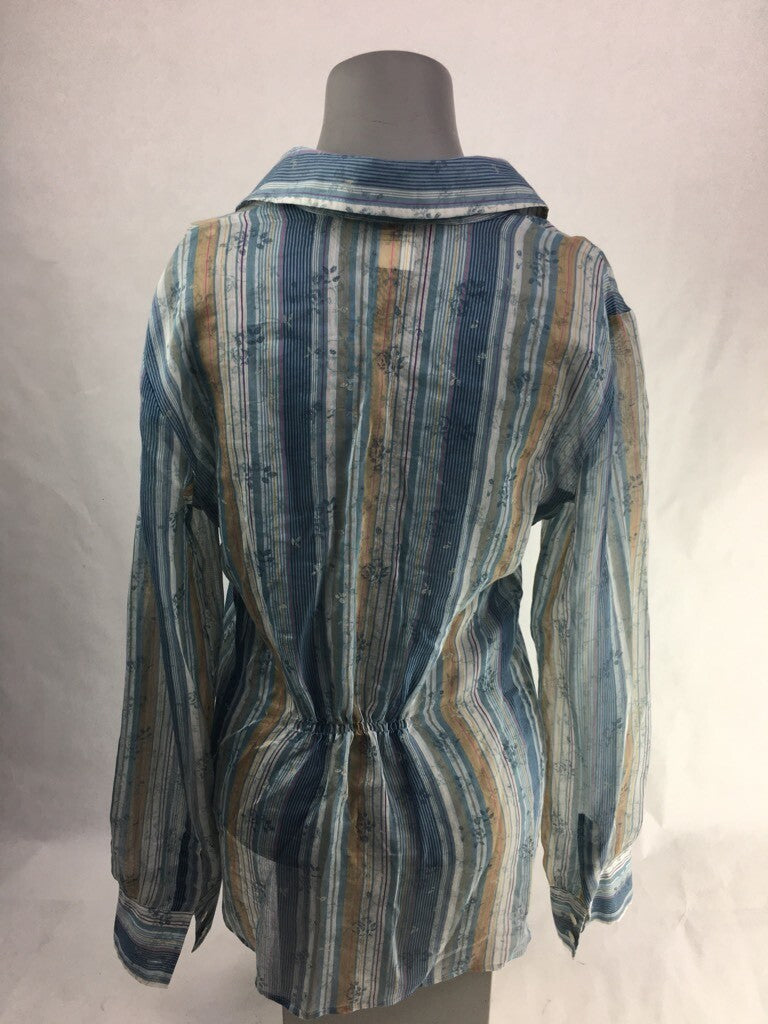 Kenneth Cole Womens Popover Shirt Blue Floral Striped Long Sleeve Smocked Back 4