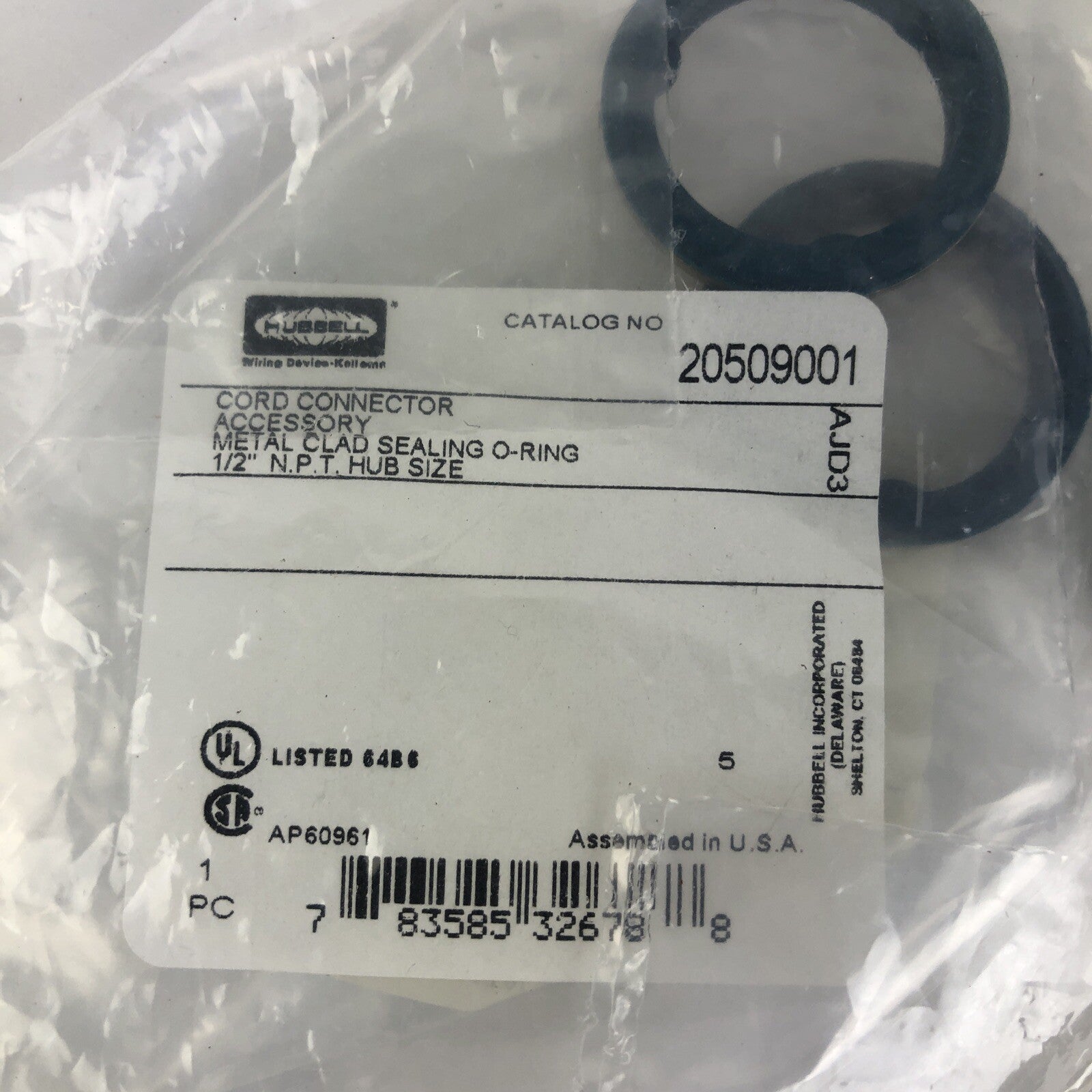 CCI-844 HUBBELL Connector Kit (2) 20509001 Sealing O-Rings & (2) 1/2" Lock Nuts