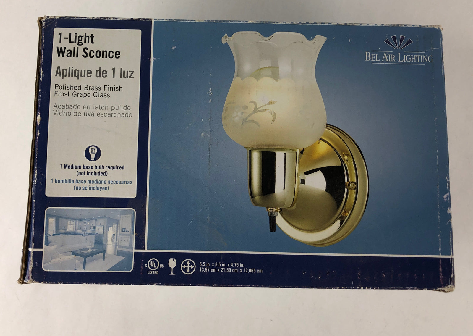 Bel Air Lighting Wall Sconce Light Polished Brass with Frosted Grape Glass NOS