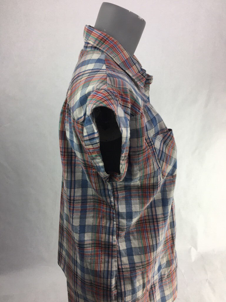 Ricki Miss Erika Womens Button Up Shirt Blue Red Plaid Cap Sleeves Pockets Top S